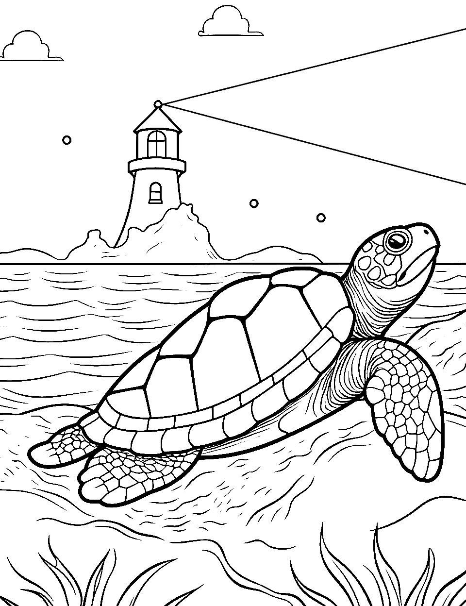 Lighthouse Guided Journey Coloring Page - A turtle guided by the distant light of a lighthouse.