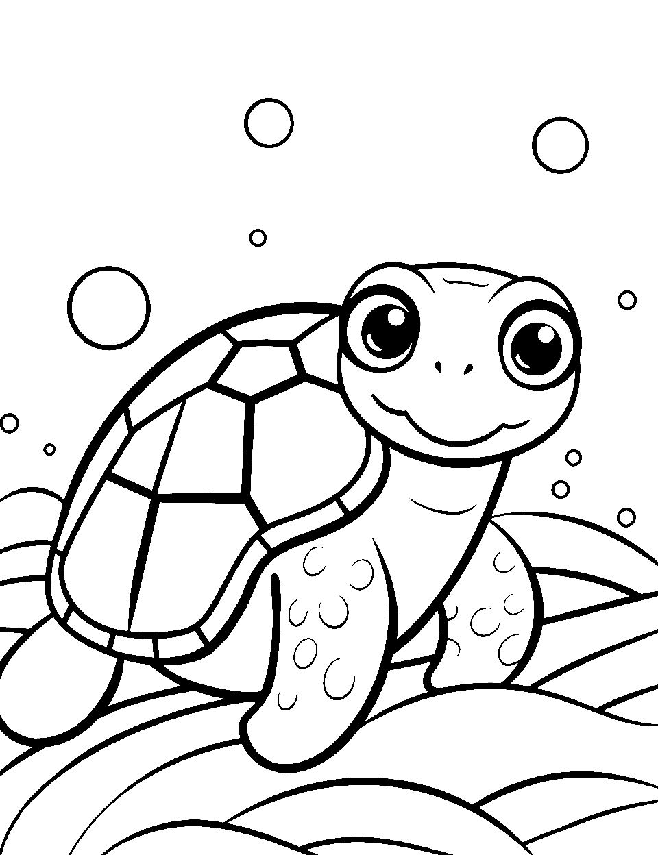 Turtle's Kawaii Smile Turtle Coloring Page - A kawaii-style turtle with big, sparkling eyes.