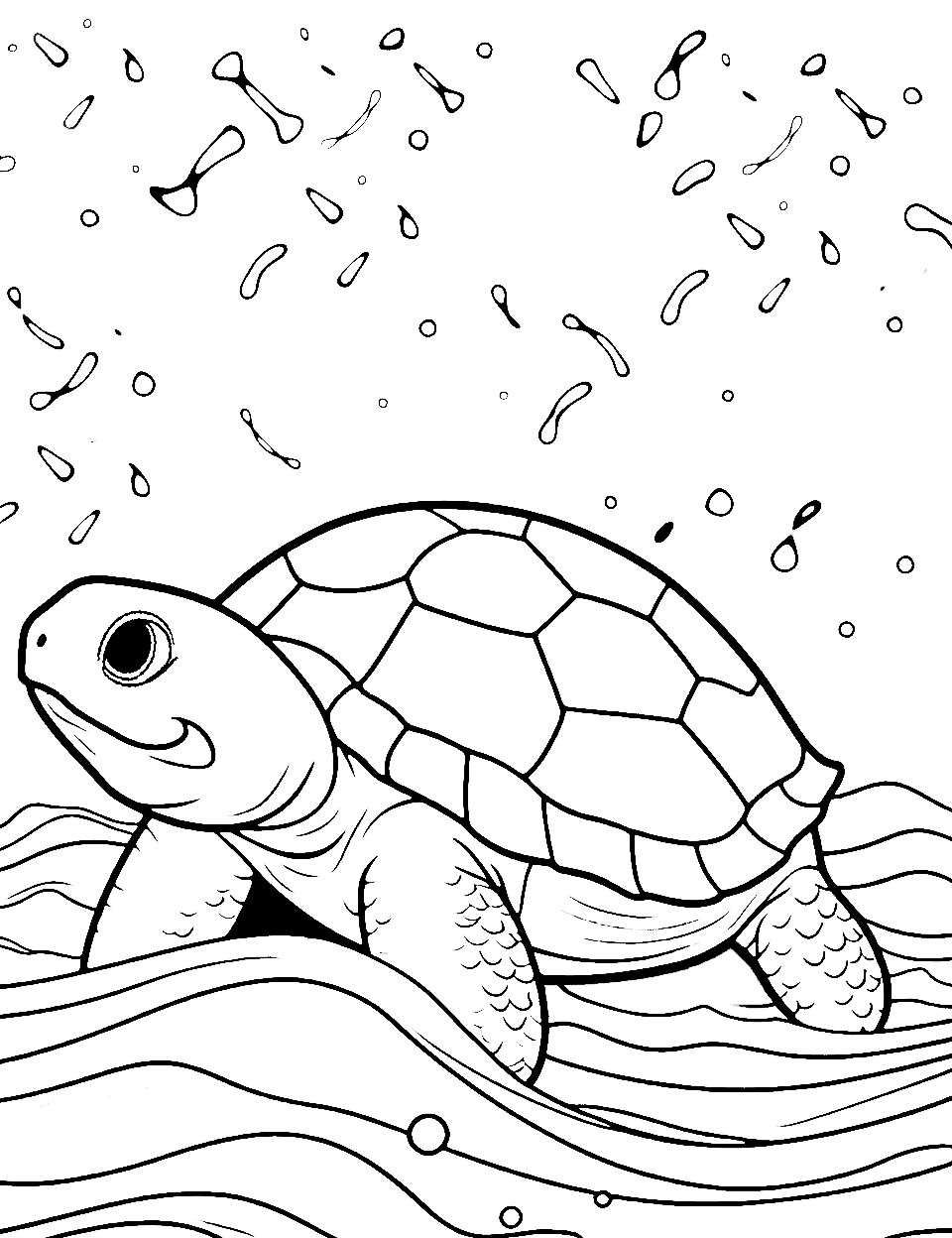 Rainy Turtle Experience Coloring Page - A turtle witnessing rain for the first time after surfacing from the water.