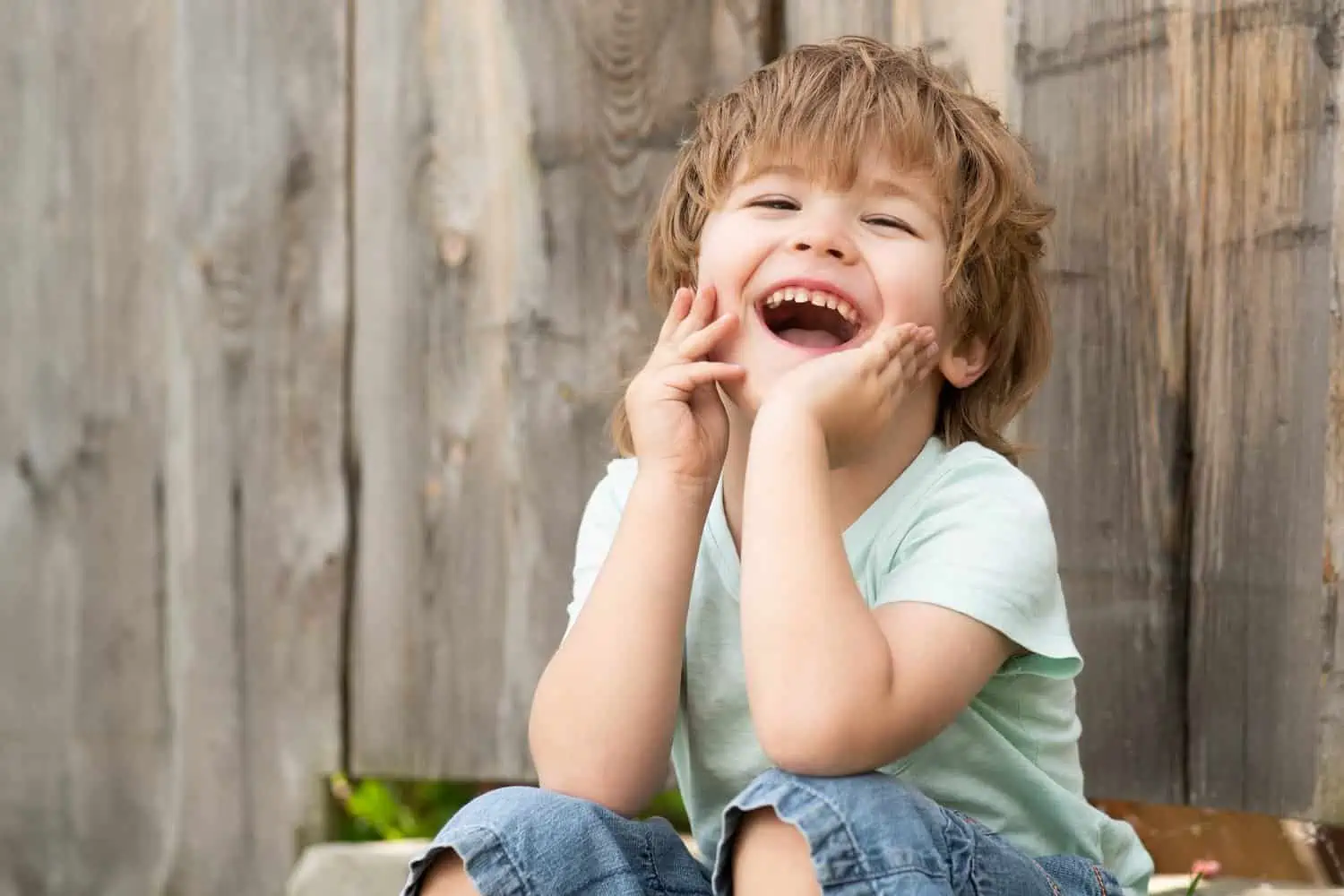 Cheerful little boy sitting in the garden near a wooden fence