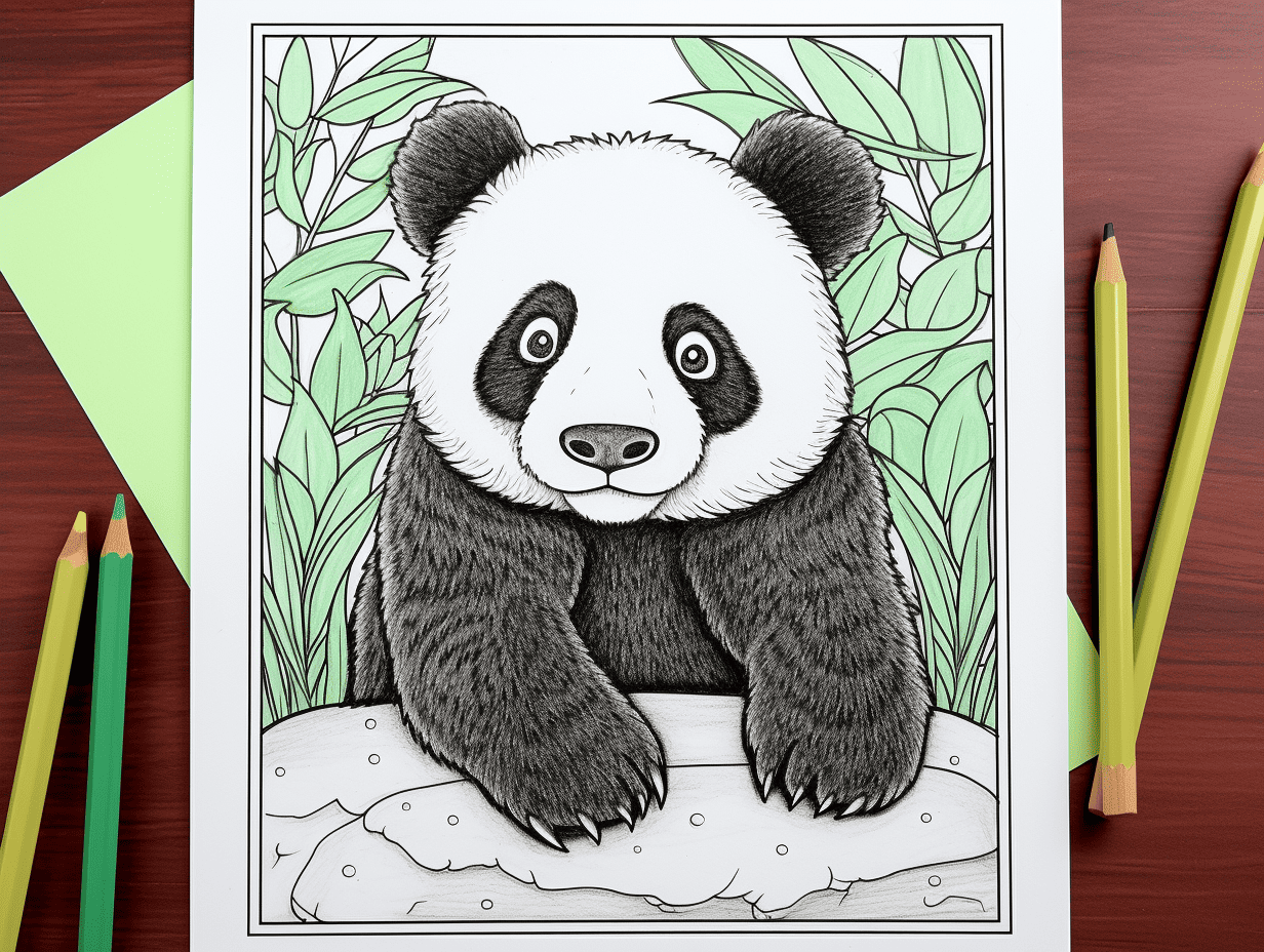 A simple black outline of a cute, cartoon panda with a plain white  background and no color on Craiyon