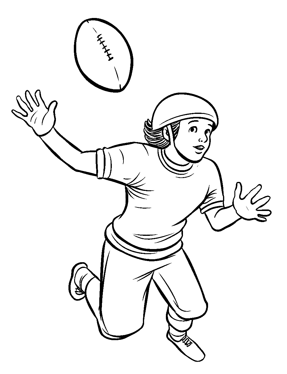 Quick Receiver Catch Coloring Page - A receiver in the act of catching a flying football.