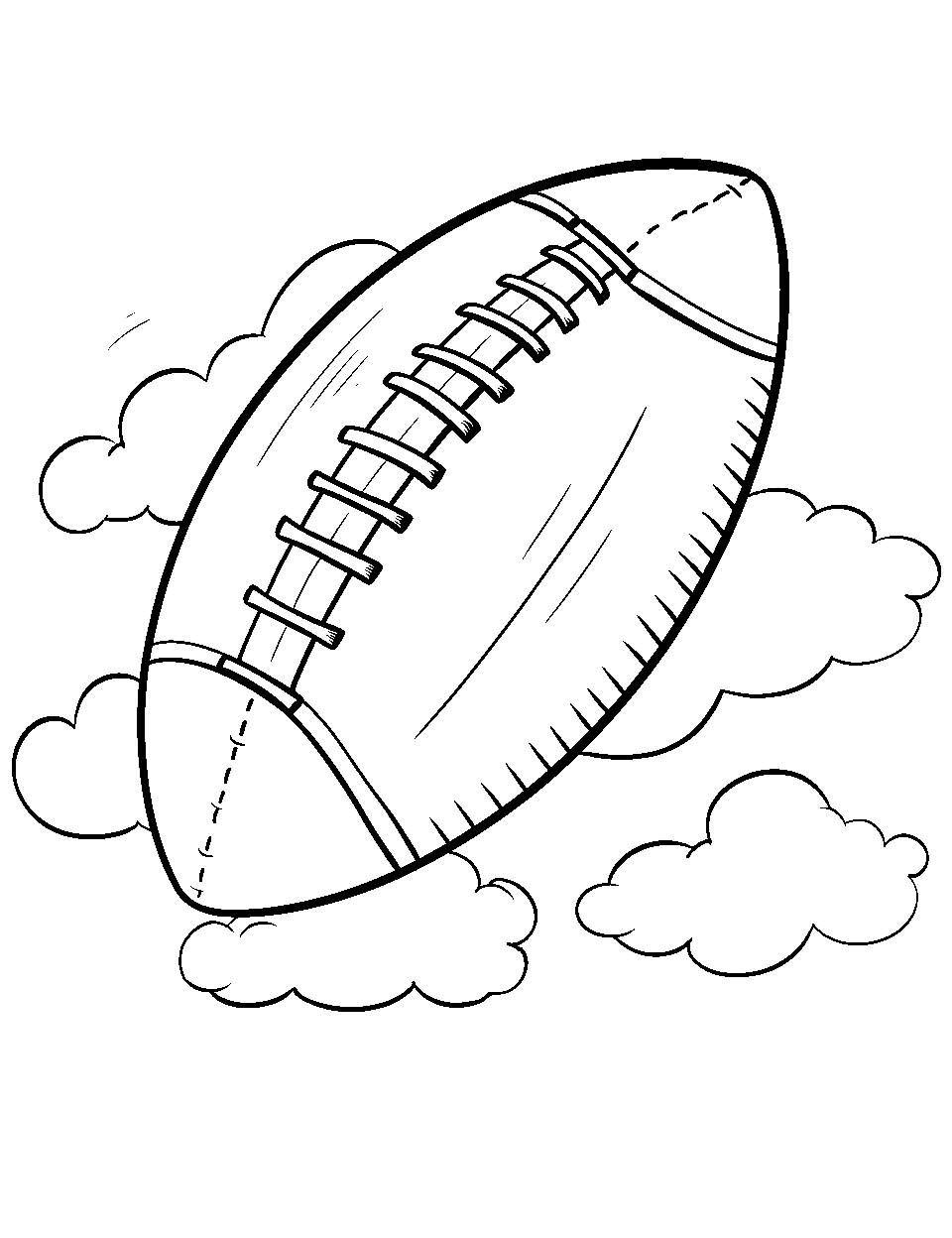 High-flying Football Coloring Page - A football soaring through the sky with clouds around it.