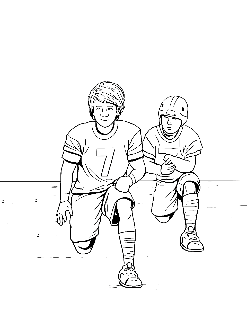 Game-Day Warmup Coloring Page - Players stretching and warming up on the field.