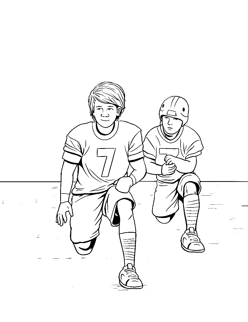 Game-Day Warmup American Football Coloring Page - Players are stretching and warming up on the field.