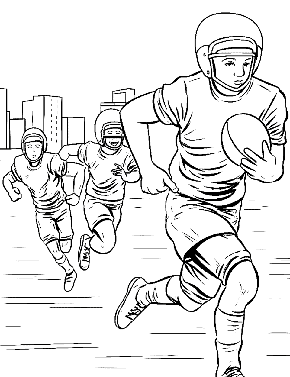 Youth Football Match American Coloring Page - Young players engaged in a game of football on a sunny day.