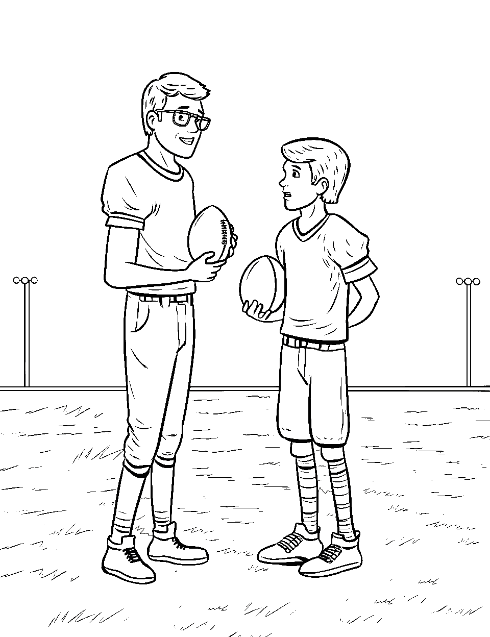 Coach Discussing Strategy American Football Coloring Page - A player and a coach discussing play strategy on the field.