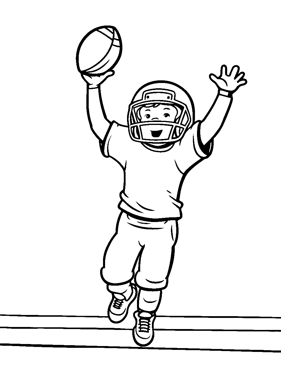 Exciting Touchdown American Football Coloring Page - A player in the end zone raising a football triumphantly.