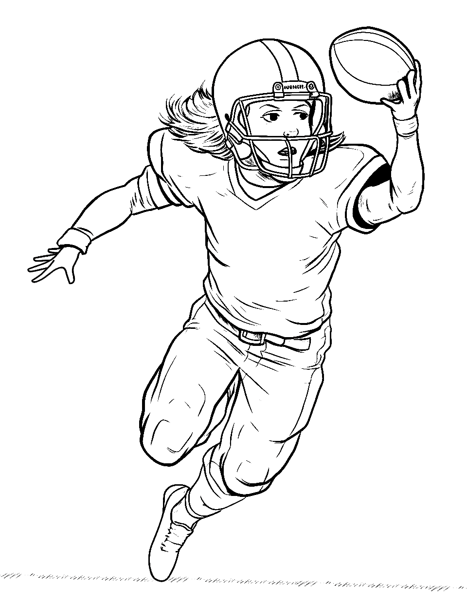 Rushing Forward Coloring Page - A player rushing and leaping forward to catch a football.