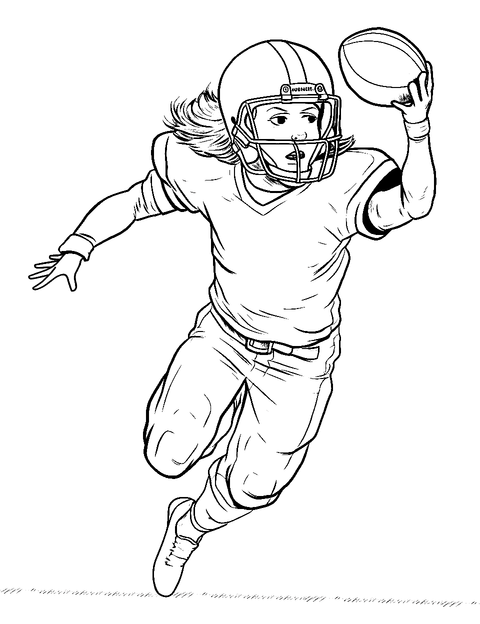 Rushing Forward American Football Coloring Page - A player rushing and leaping forward to catch a football.