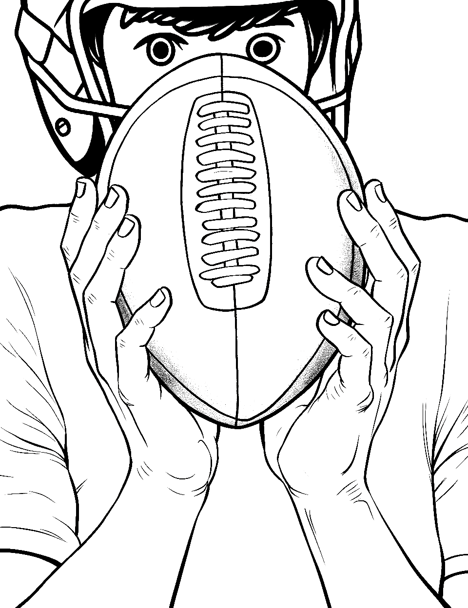 Gripping the Football American Coloring Page - A close-up of hands gripping a football tightly.