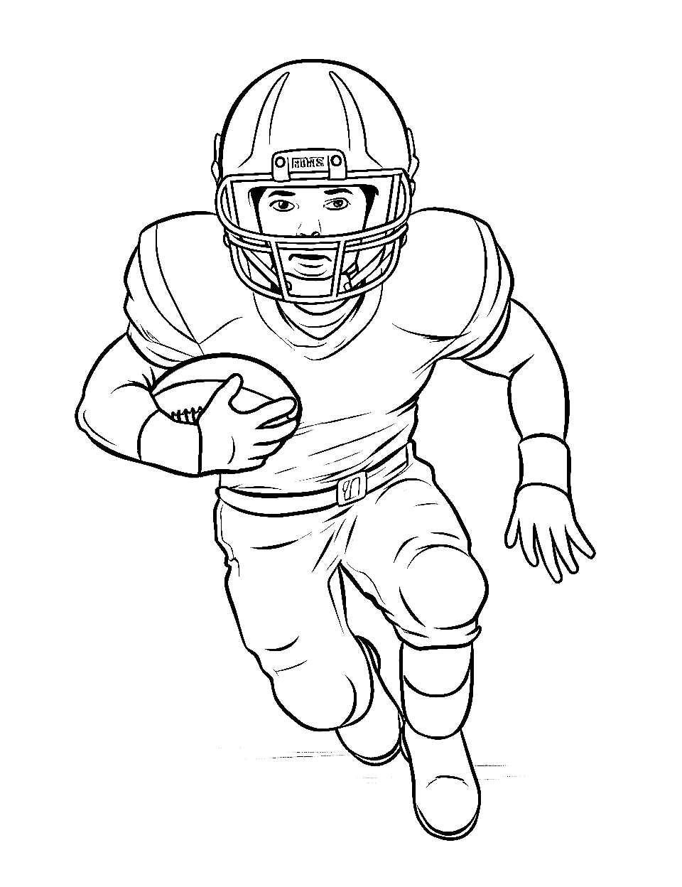 Rumbling Running Back Coloring Page - A running back charging down the field with a football tucked under one arm.