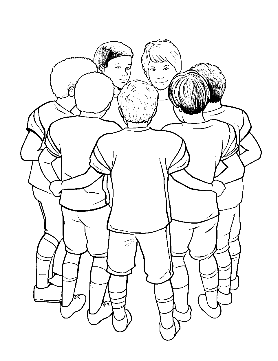 Spirited Team Huddle Coloring Page - A group of players in a huddle discussing the next play.