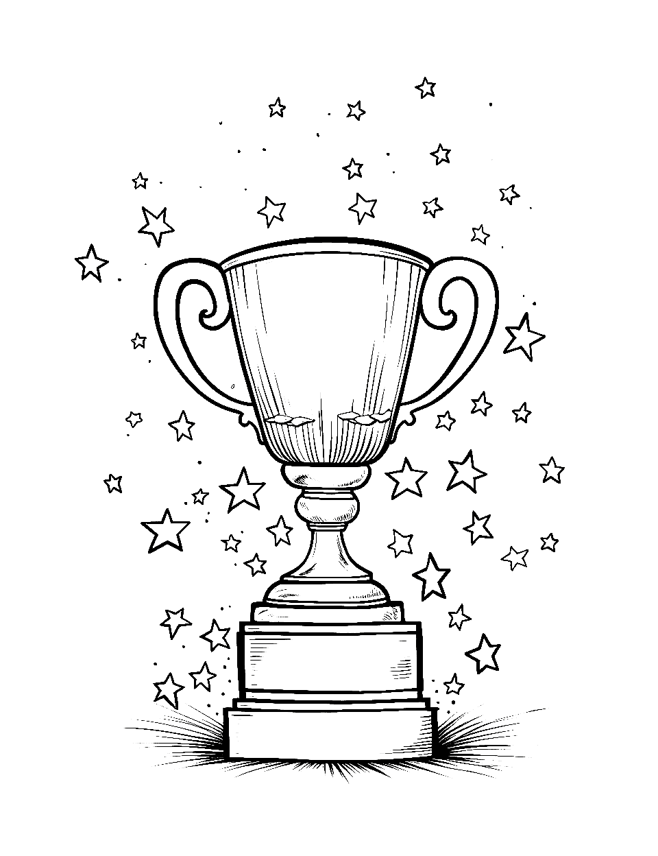 Winning Super Bowl Trophy Coloring Page - The Super Bowl trophy with star-shaped confetti falling around it.