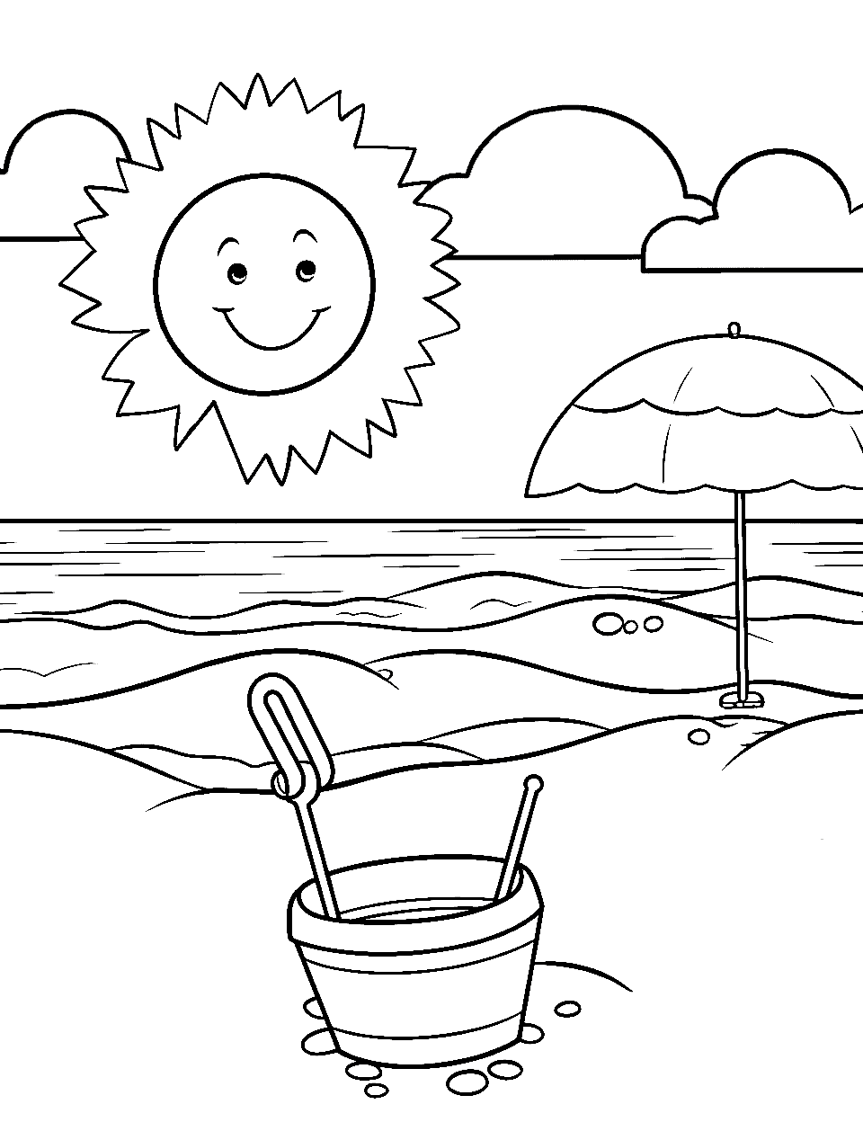 Sunny Beach Day Coloring Page - A smiling sun shining brightly over a simple beach scene with a bucket and spade.