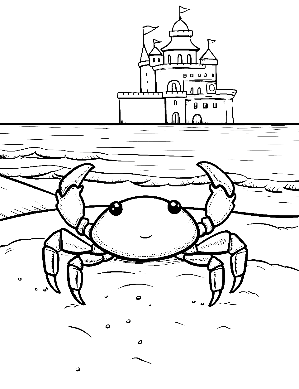 Crab and a Sand Castle Coloring Page - A small crab and a sand castle in the distance.
