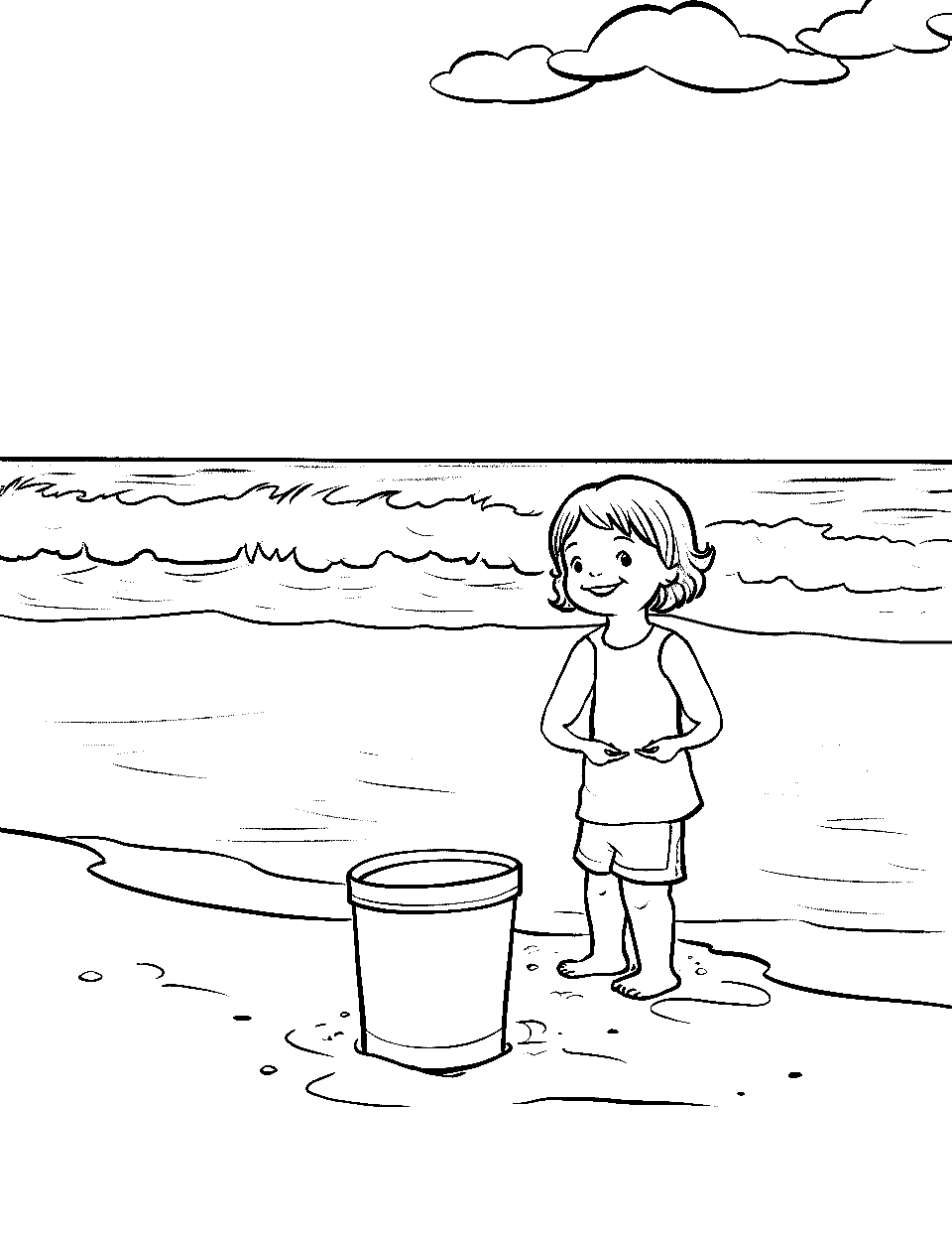 Toddler’s First Beach Day Coloring Page - A happy toddler playing in the gentle shoreline surf.