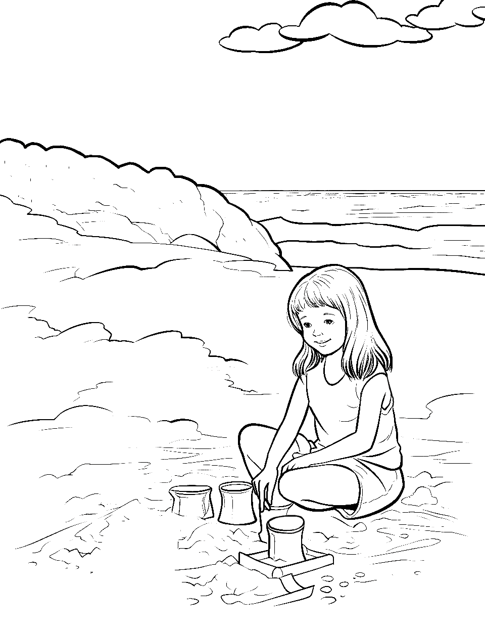 Girl Molding Sand Towers Beach Coloring Page - A girl kneels in the sand and works on a group of small upturned molds, the start of a castle. A rocky headland runs out into the sea behind her and one cloud sits high in the sky. The line work is fine and detailed here, so give this one to a child who is past the chunky-crayon stage. Soft grays on the rocks make her tower shapes stand out.