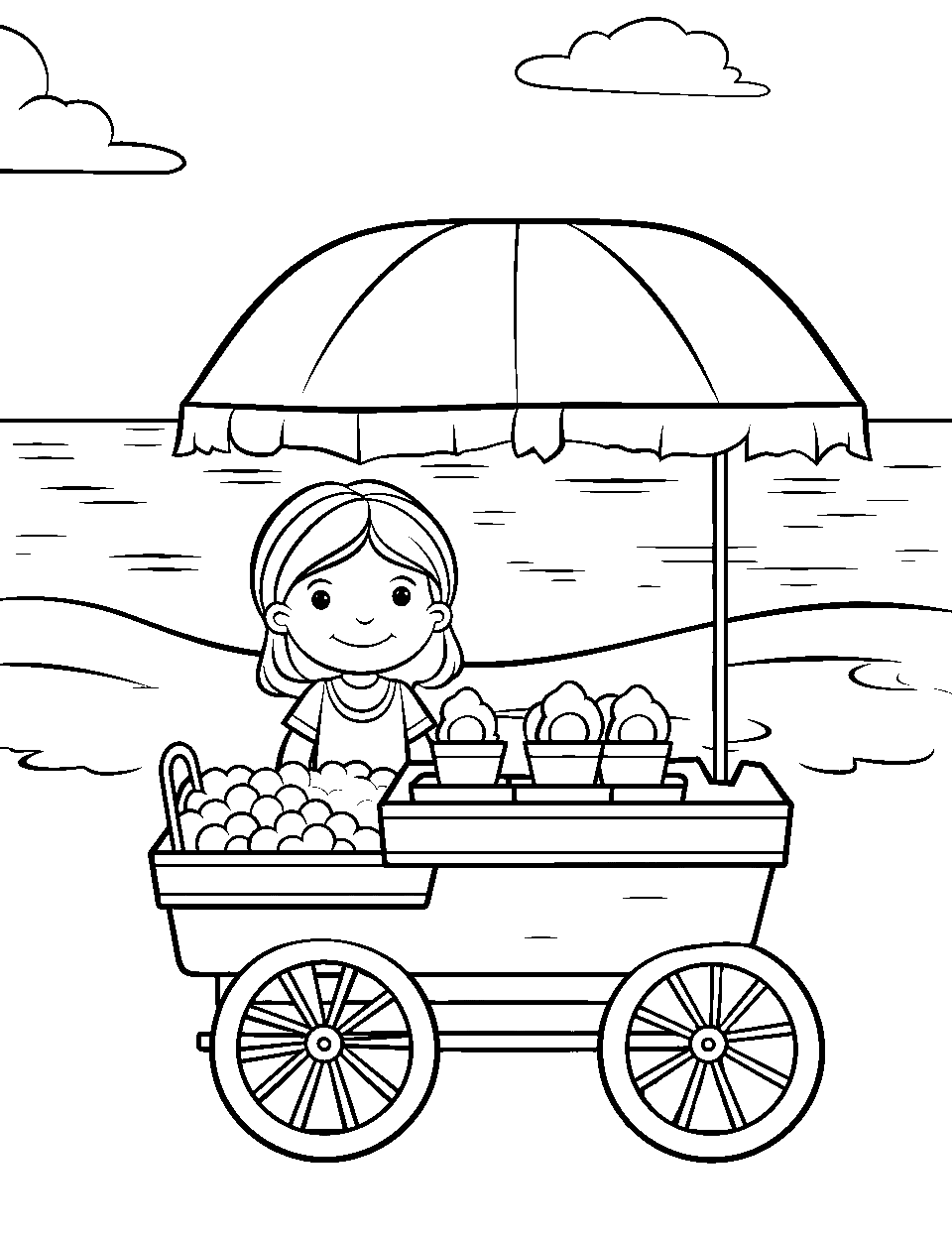 Ice Cream Cart Beach Coloring Page - A small ice cream cart with a cheerful vendor, with the sea behind them.