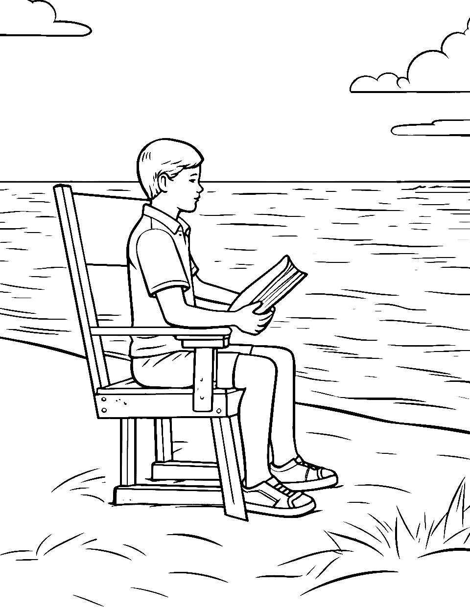 Lifeguard on Duty Beach Coloring Page - A focused lifeguard is scanning the swimming area on a raised chair.