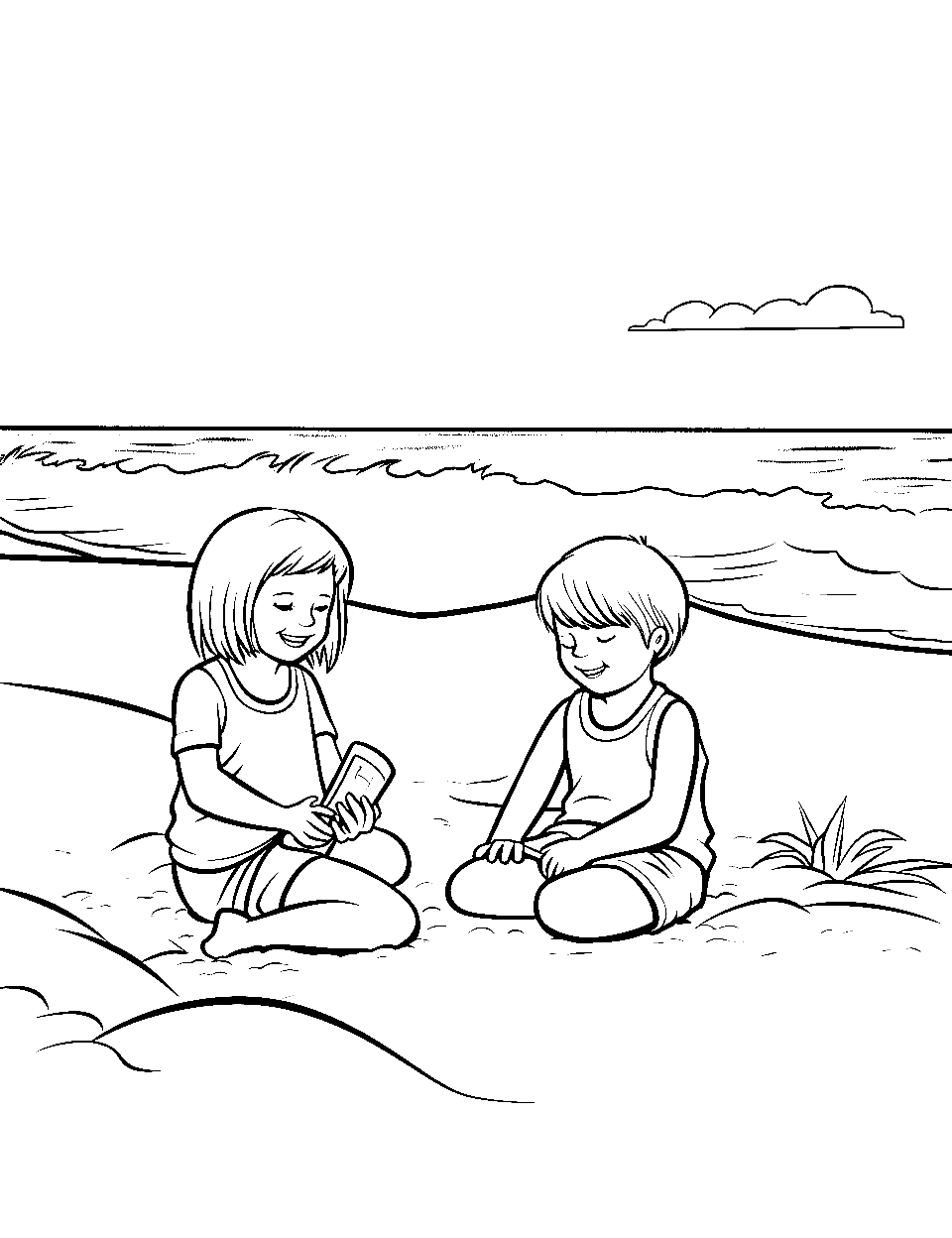 Fun Day at Beach Coloring Page - Two kids having fun on the beach together.