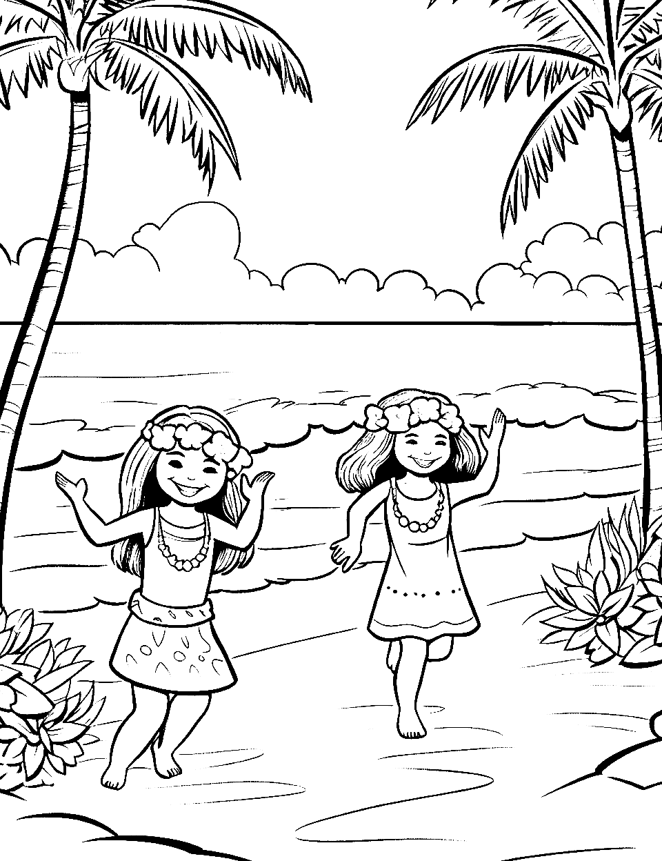 Hawaii Luau Celebration Beach Coloring Page - Hula dancers gracefully dance in a simple Hawaiian beach setting.