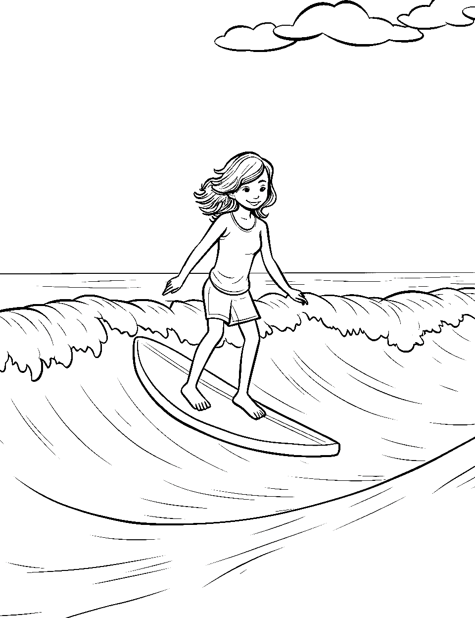 Surfing on Gentle Waves Beach Coloring Page - A teenager surfing on easy, manageable waves with a clear sky.