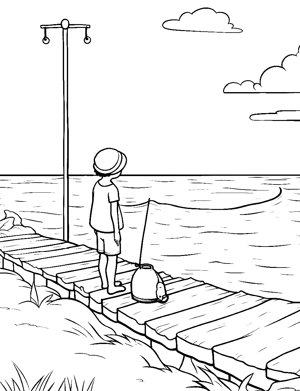 Fishing on a Small Pier Beach Coloring Page - A boy with his fish bucket standing on a pier, ready to fish.