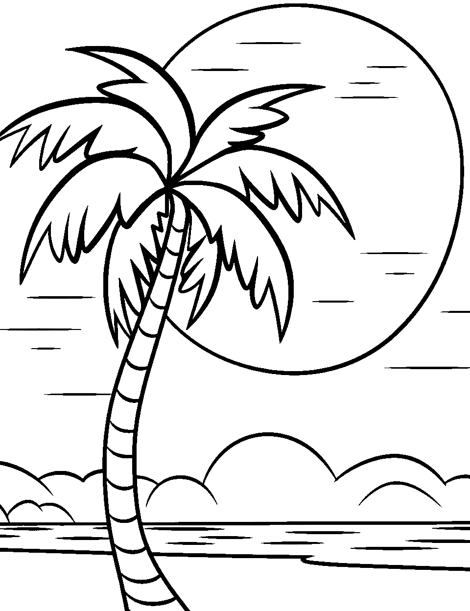 Leaning Palm and a Low Sun Beach Coloring Page - One palm tree leans across the page with a huge sun circle filling the sky behind it. Thin lines run through the sky and low clouds sit right on the water line. The trunk is drawn in segments, which makes it easy to shade in two browns without any planning. Warm oranges behind the fronds give this one a real end-of-day glow.