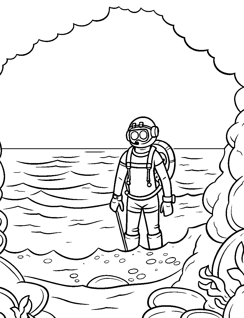 Scuba Diver Beach Coloring Page - A diver calmly emerges from the sea, heading for a cave to change.