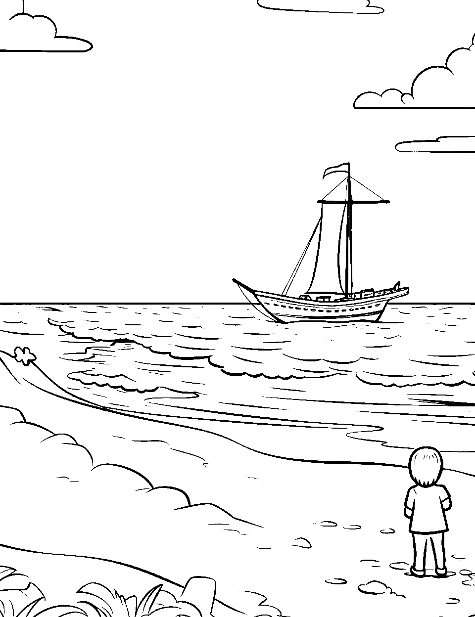 Pirate Ship in Distance Coloring Page - A kid looking at a distant, small pirate ship from the shore.