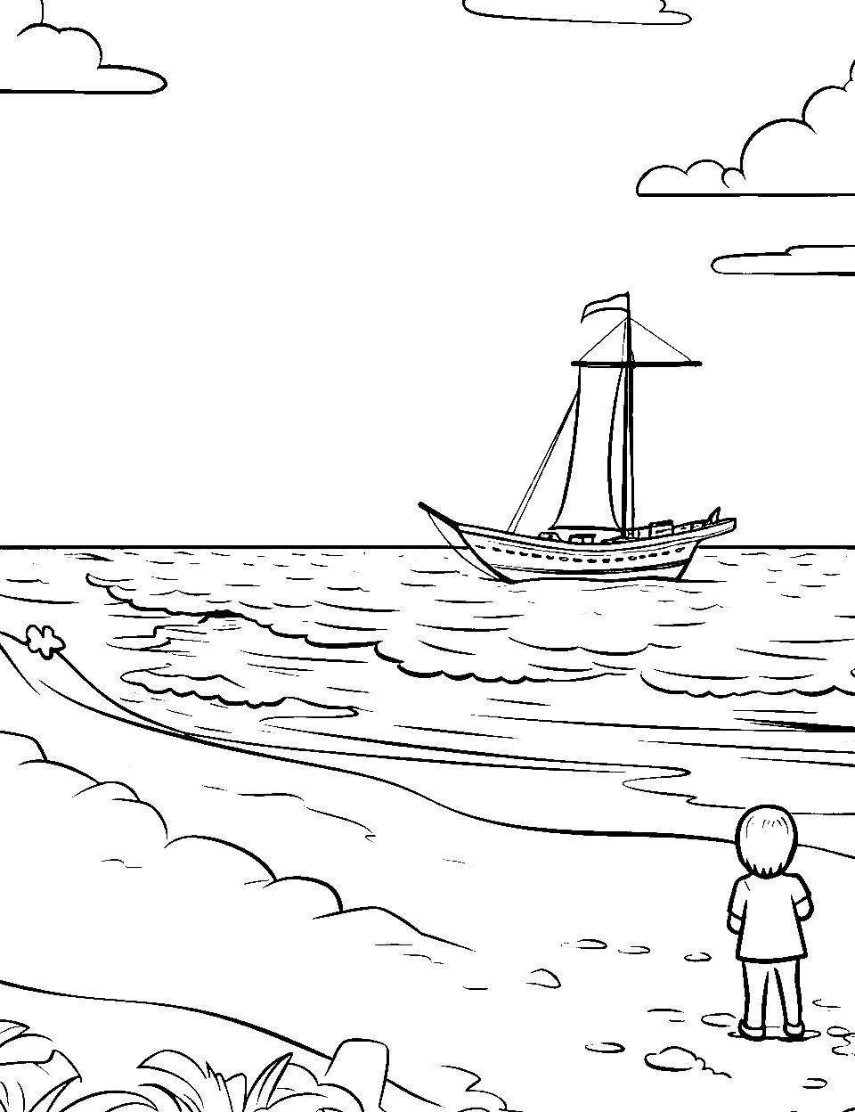 Pirate Ship in Distance Beach Coloring Page - A kid looking at a distant, small pirate ship from the shore.