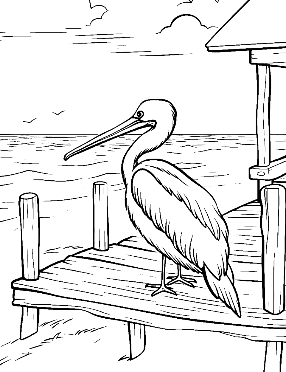 Pelican Resting on Pier Beach Coloring Page - A single pelican calmly resting on a simple, uncluttered wooden pier.