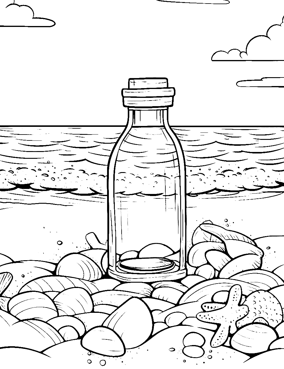 Bottle on a beach Coloring Page - A sealed bottle resting amidst small beach rocks.