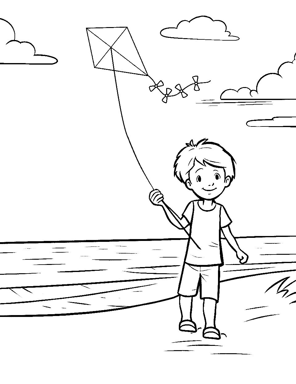 Boy with a Kite Beach Coloring Page - A young boy happily running with a colorful kite soaring in the sky above.