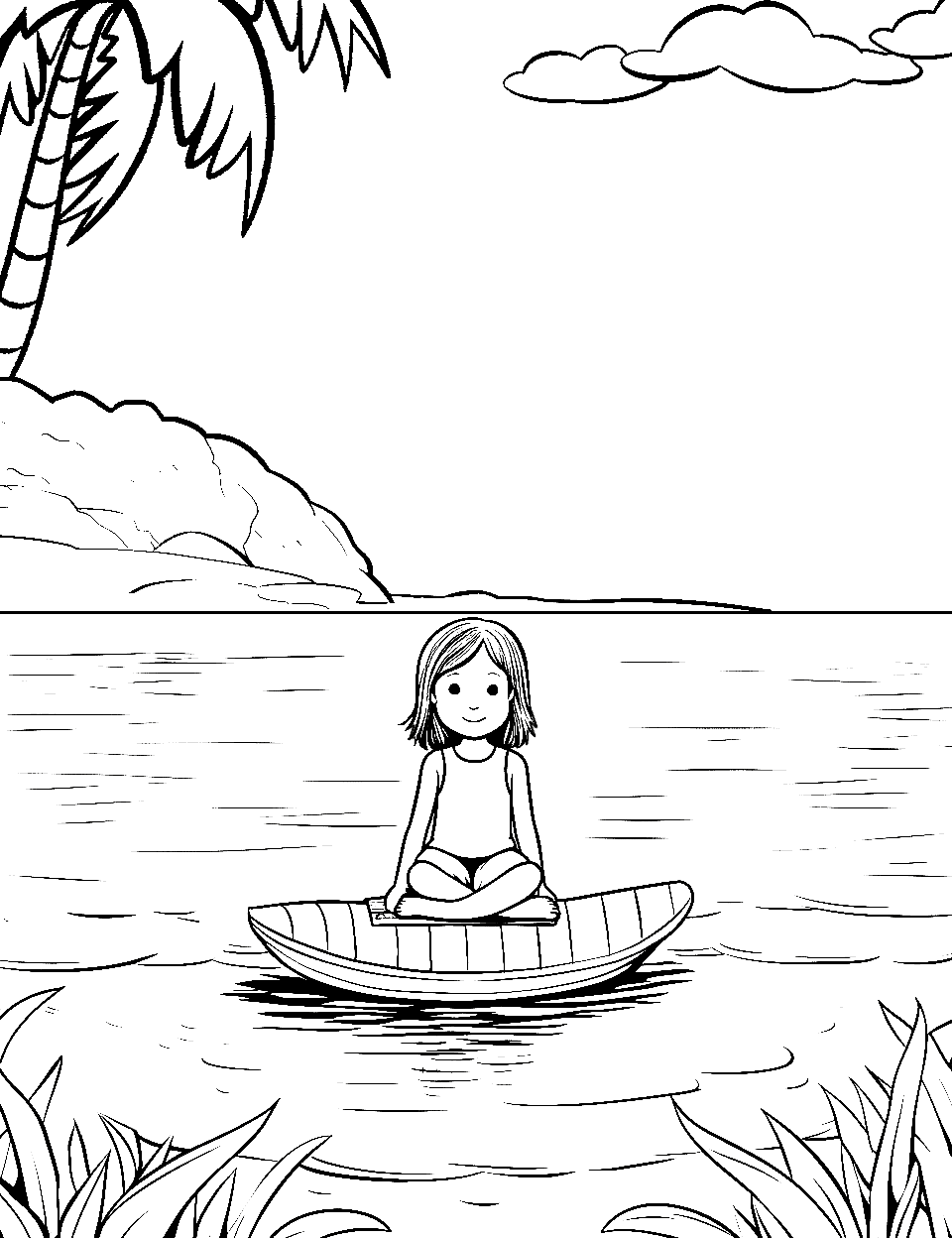 Floating on a Raft Beach Coloring Page - A relaxed child is floating on a simple raft in a calm, safe swimming area.