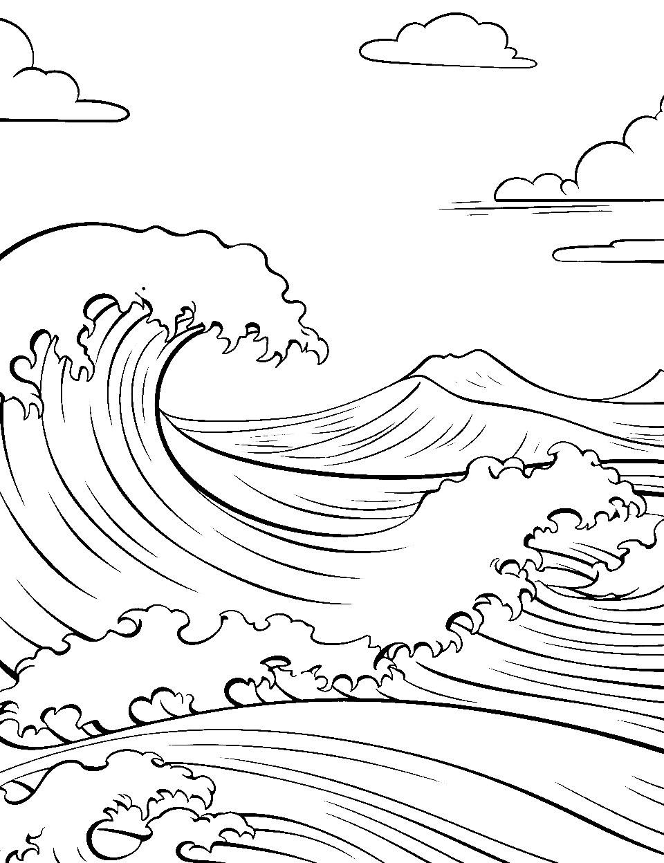 Realistic Ocean Wave Beach Coloring Page - An accurate depiction of a single wave, showcasing the beautiful blue ocean.