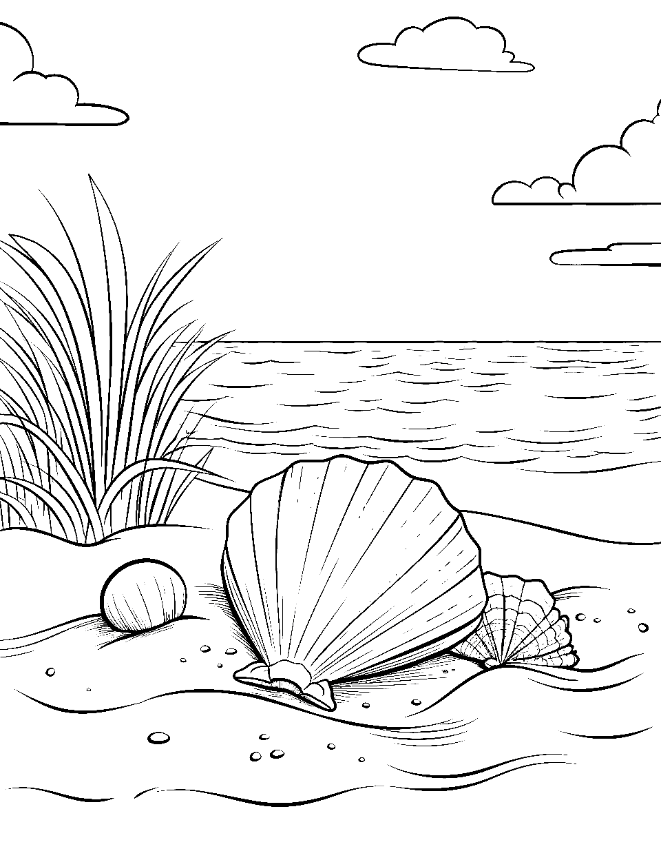 Simple Seashell in Sand Beach Coloring Page - Detailed seashell lying in soft, smooth beach sand.