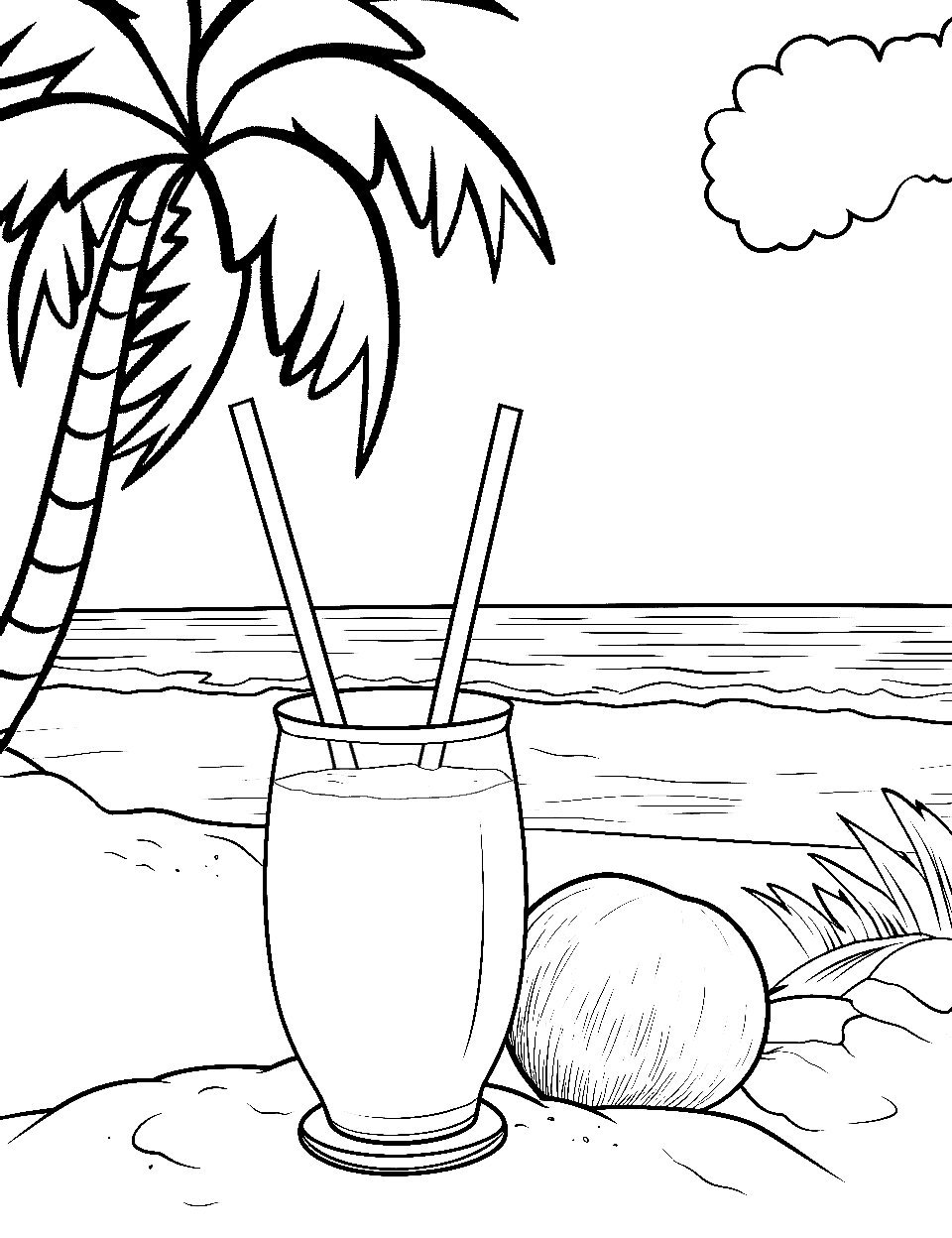 Tropical Coconut Drink Coloring Page - A coconut drink with a straw, set against a simple beach backdrop.