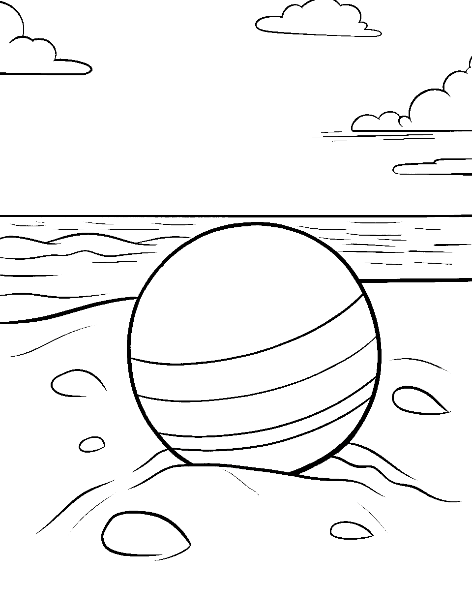 Easy Beach Ball Coloring Page - A colorful, striped beach ball sitting on a clear, sandy beach.