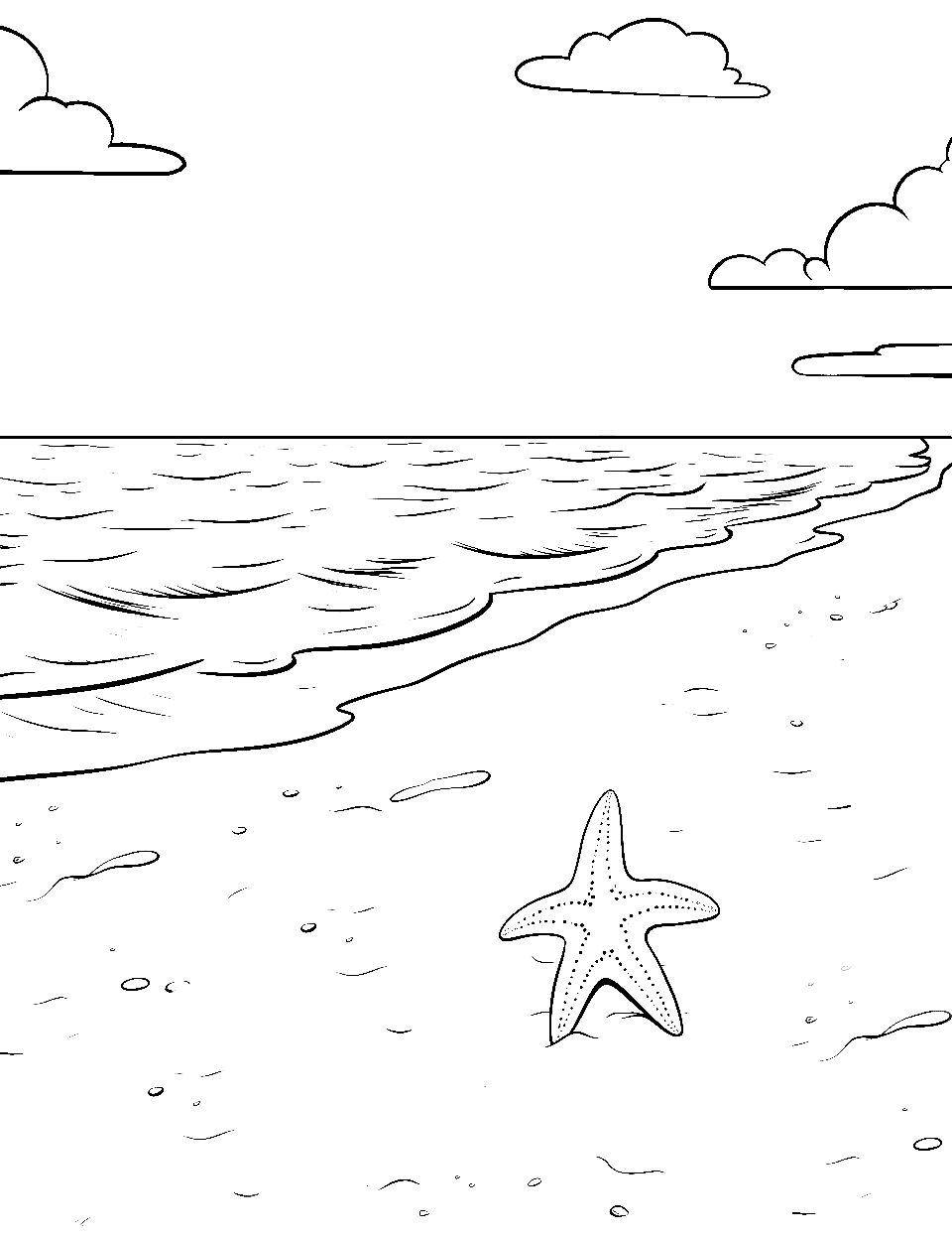 Seashore and Starfish Beach Coloring Page - A single starfish lies on wet sand while shallow water slides up the beach behind it. The starfish is dotted with small bumps and the sand around it carries speckles and shell fragments. Most of this page is open space, so it is a calm one for a child who colors slowly. A pale sand color with a darker wet strip near the water shows where the tide reaches.