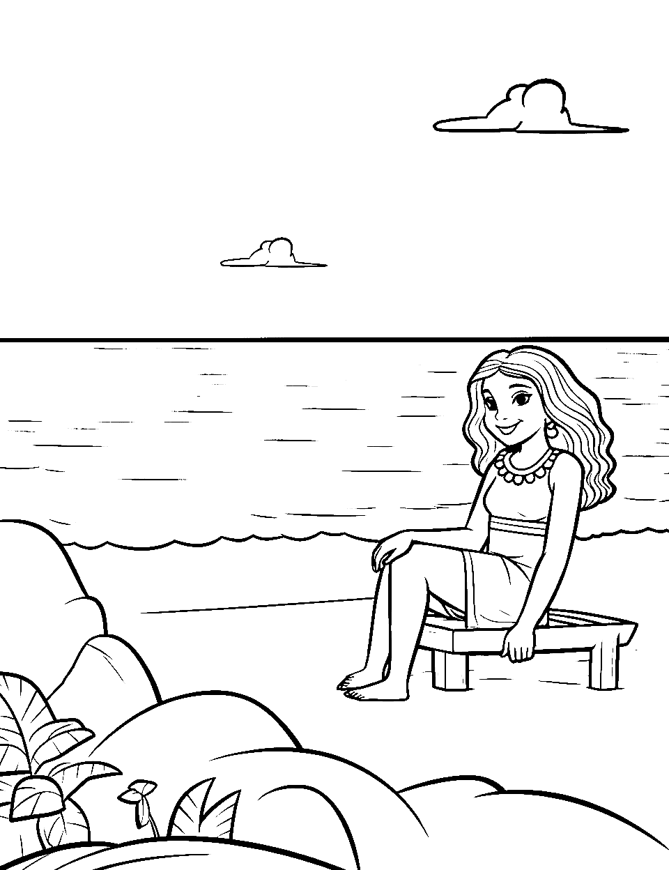 Disney's Moana on the Beach Coloring Page - Moana joyfully sitting on the beach with the ocean behind her.