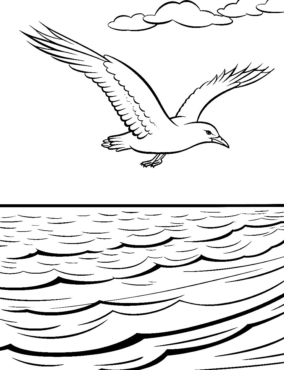 Artistic Seagull in Flight Beach Coloring Page - A solitary seagull flying above the gentle ocean waves.