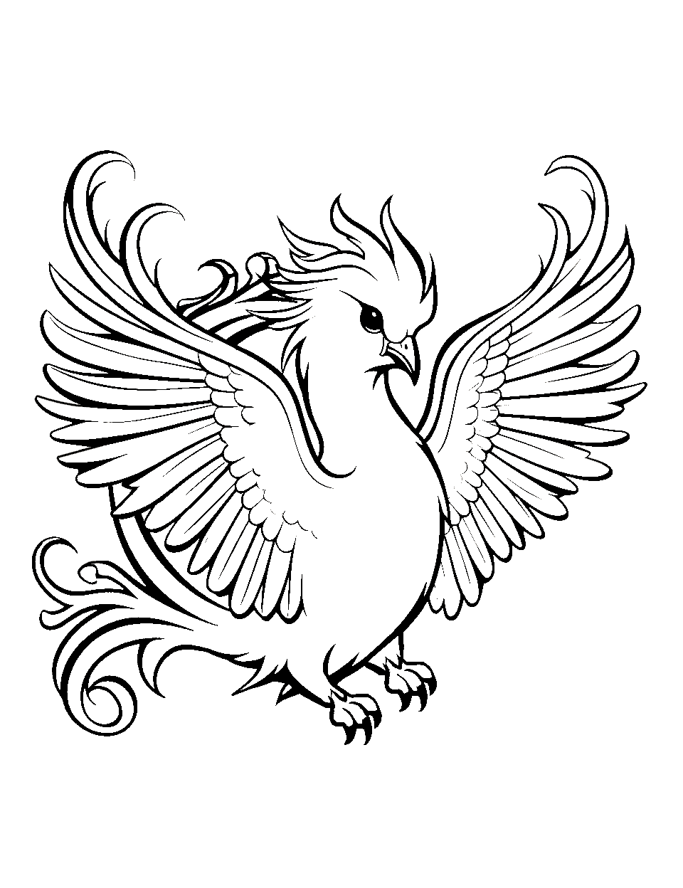 Phoenix Rising Coloring Page - The mythical phoenix soaring upwards.