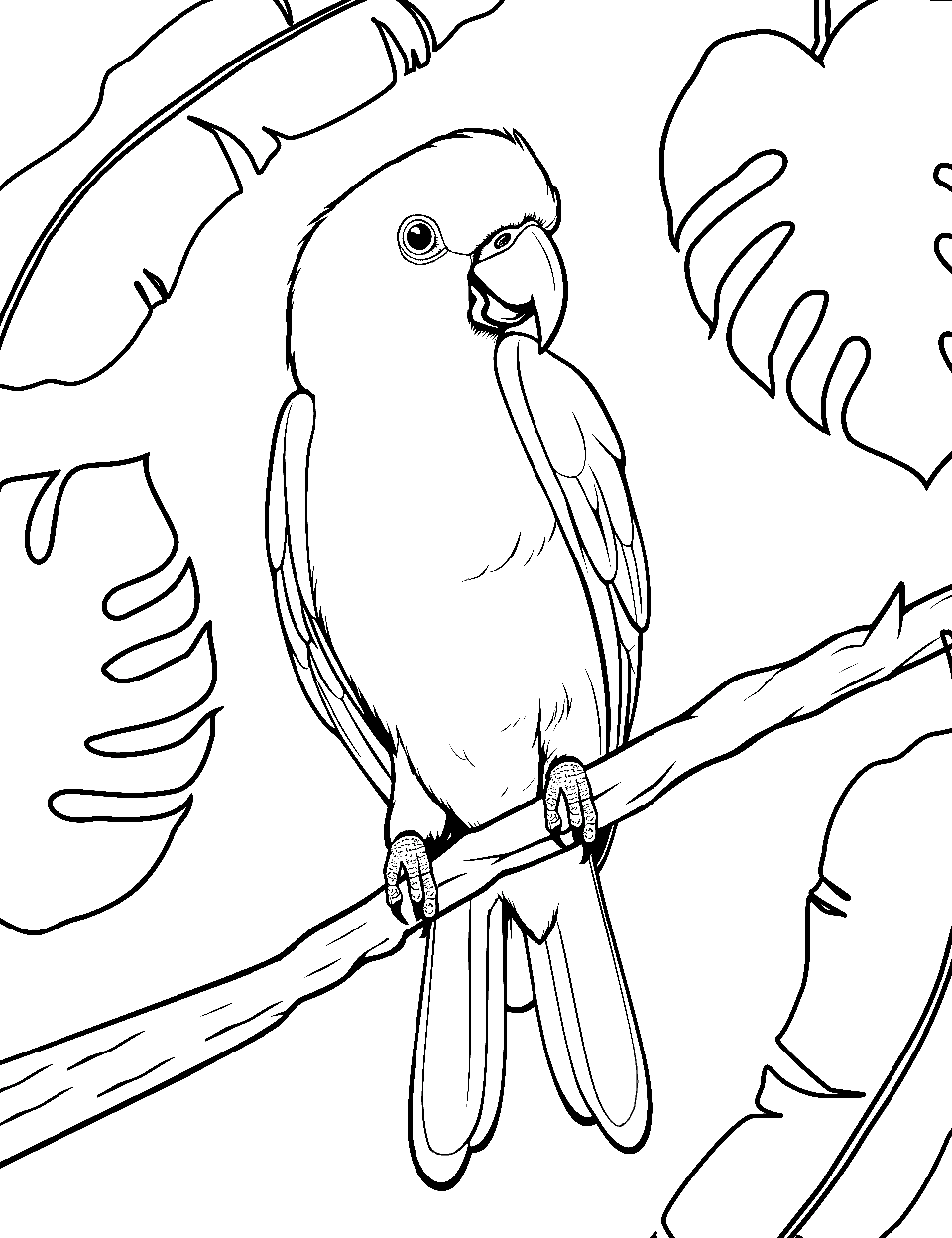 Macaw's Tropical Haven Bird Coloring Page - A macaw enjoying the ambiance of a tropical forest.