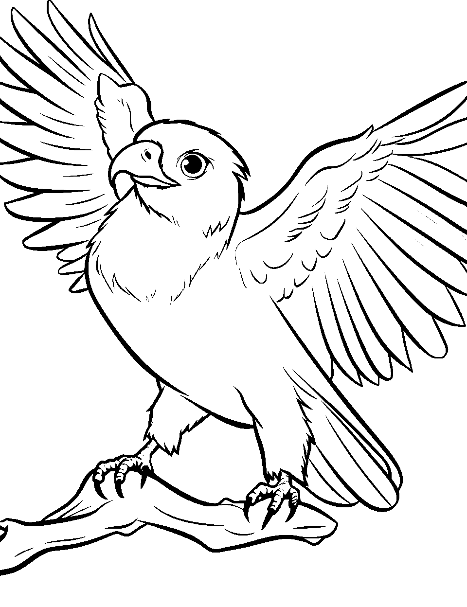 Baby Eagle Learning to Fly Bird Coloring Page - A young eagle is testing its wings against the wind.