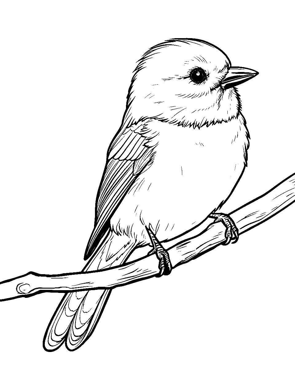 Curious Chickadee Bird Coloring Page - A chickadee tilting its head with a look of curiosity.