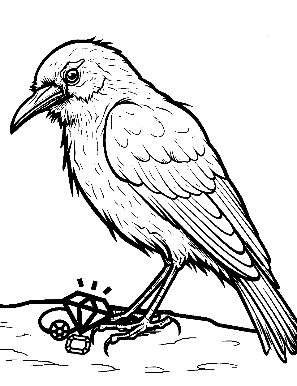 Crow's Mischief Bird Coloring Page - A crow cheekily looking at shiny objects on the ground.