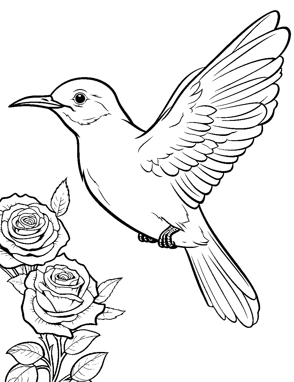 Realistic Hummingbird Coloring Page - A realistic hummingbird hovering over some flowers.
