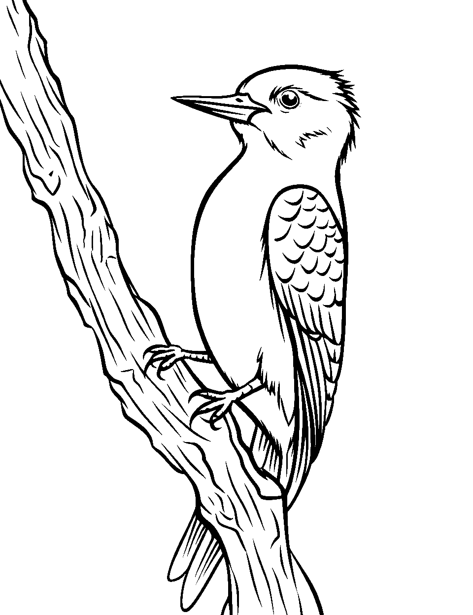 Woodpecker at Work Coloring Page - A woodpecker ready to peck away at a tree trunk.